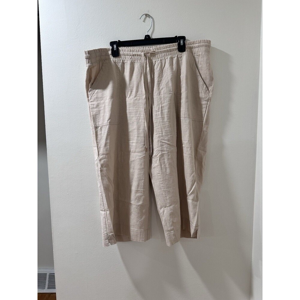 Land 'n Sea Pants Womens 2X Linen / Rayon Elastic Waist Pull On Beige Cropped